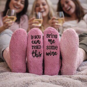 NWOT Funny Wine Socks Fuzzy Pink Lounge Socks Bring Me Wine OS